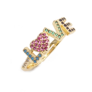 Adjustable gold ring with LOVE lettering and colorful micro-set zircons for women