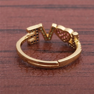 Adjustable gold ring with LOVE heart design and colorful micro-set zircons