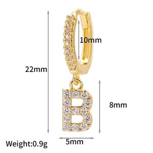 Detail view of 18k gold plated letter B hoop earring with dimensions 22mm x 10mm