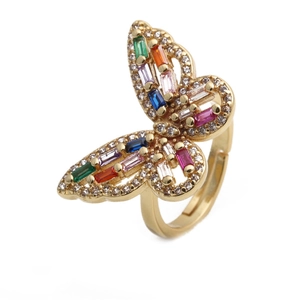 Adjustable golden butterfly ring with colorful cubic zirconia crystals on white background