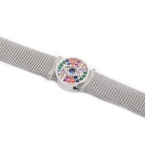 Adjustable 10mm stainless steel mesh bracelet featuring a colorful Evil Eye charm