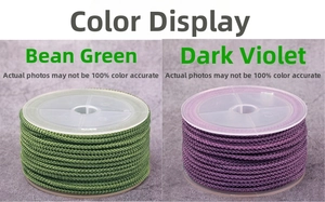 Detailed close-up of 2mm braided cords in bean green and dark violet for DIY jewelry projects
