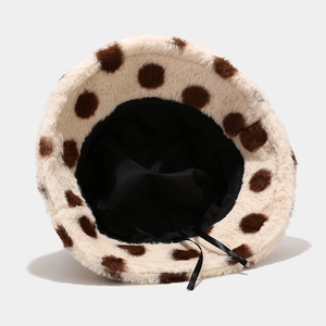 Plush polka dot bucket hat in cream faux fur with adjustable inner drawstring for women