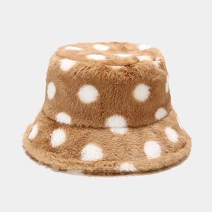 Detailed texture of brown plush bucket hat with white polka dots for winter warmth