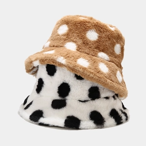 Polka Dot Plush Bucket Hat Faux Fur Warm Winter Sun Protection Outdoor Versatile Fashion Accessory For Women