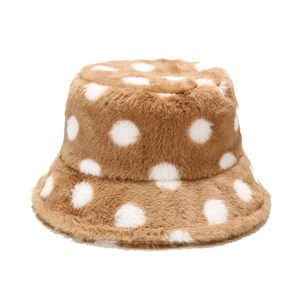 Winter plush bucket hat featuring brown faux fur with white polka dots for outdoor warmth
