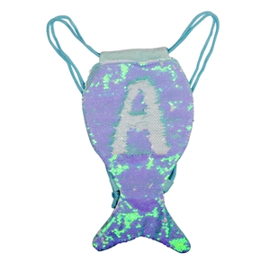 Detail of purple and blue sequin mermaid tail drawstring bag featuring letter A
