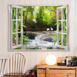 Detailed macro view of nature landscape tapestry featuring a 3D window view with waterfall