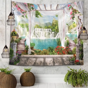 Detailed texture of waterfall landscape tapestry with lush green mountain scenery