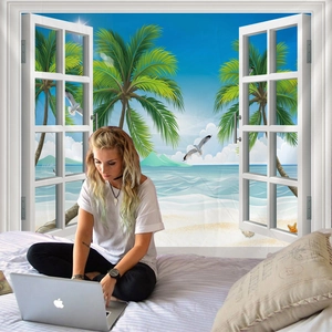 Arazzo da parete 3D effetto finta finestra con spiaggia tropicale e palme per arredamento