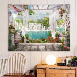 Scenic waterfall tapestry with European garden view for wall decor in a cozy room