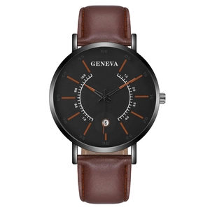 Geneva men's quartz watch with black dial, orange accents and brown leather strap