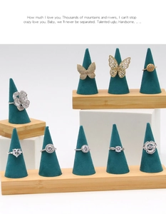 Microfiber velvet ring cone display stands on bamboo base with varied jewelry rings