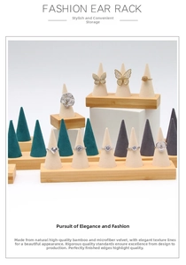 Bamboo jewelry display set with microfiber cone ring holders in cream green and grey