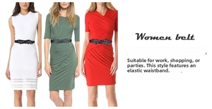 Elastic black lace waist belt shown on three different colored dresses for styling