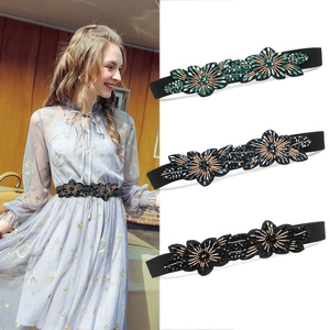 Elastic waist belt for dresses with crystal floral beads in green, blue, and black colors