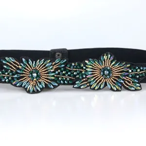 Elastic black waist belt for women with elegant green crystal flower beadwork