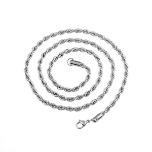 Polished silver stainless steel twist rope chain necklace displayed in a spiral layout