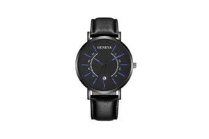 Detailed close-up of Geneva men's watch with black leather strap and blue markers