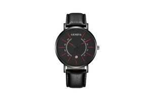 Detail of Geneva quartz watch dial featuring red markers and date display at 6 o'clock