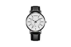 Macro detail of GENEVA quartz watch dial featuring date display and black leather strap