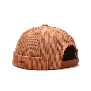 Caramel corduroy dockers cap with red fish embroidery and leather strap closure