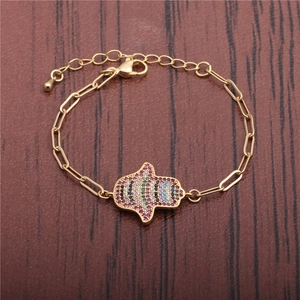Hiphop gold Hamsa hand bracelet with colorful micro-inlaid zircon and Cuban chain link