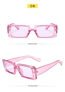 Front and side view of trendy pink translucent square sunglasses with durable hinges