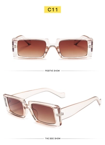 Detail view showing front and side profile of stylish square tea pink sunglasses