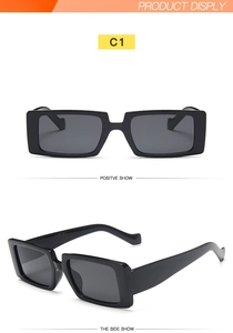 Front and side view of trendy small rectangle black sunglasses with dark lenses