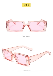 Front and side dual views of vintage small square transparent pink sunglasses