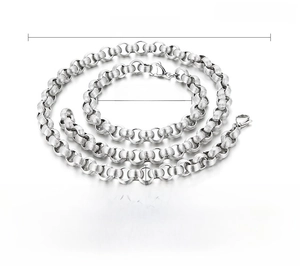 Detail showing 9mm wide stainless steel chain necklace and bracelet set specifications