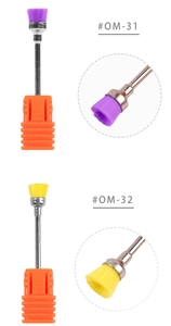 Detailed macro view of OM-31 and OM-32 electric nail drill cleaning brush head set