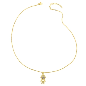 Gold snake chain necklace featuring a boy pendant with white crystals and lobster clasp