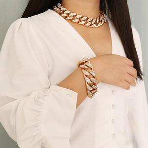 Set Collana E Bracciale A Catena Cuban Link Iced Out Per Donna Choker Strass Oro Spessa Gioielli Hip Hop