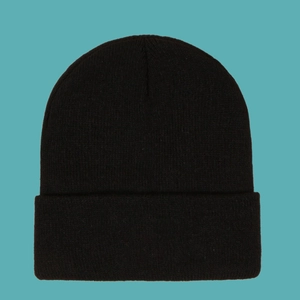 Close-up of black ribbed knit beanie featuring a classic cuffed hem and warm texture