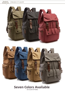 Canvas backpack selection featuring seven vintage colors with durable leather straps