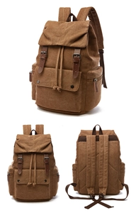 Multi-angle view of brown canvas backpack with leather strap closure and vintage details