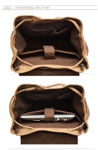 Detailed internal structure of brown canvas backpack with padded laptop compartment
