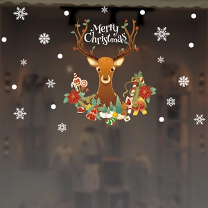 Autocollant statique renne de Noël pour fenêtre avec lettrage Merry Christmas et couronne