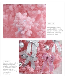 Macro detail of pink PVC snow-flocked Christmas tree with silver bow ornaments