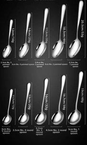 Size chart showing precise weights and dimensions for stainless steel spoons of various sizes