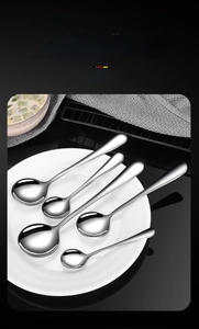 Polished stainless steel round spoons set of five pieces shown on a white ceramic plate