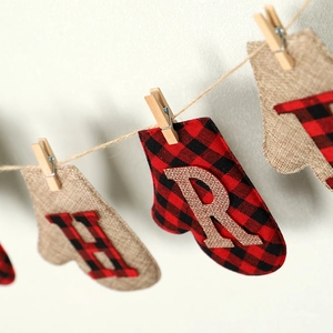 Christmas burlap glove banner garland with buffalo plaid details and wooden clips decor
