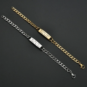 Polished NK chain bracelets in gold and silver with custom engraved curved bars