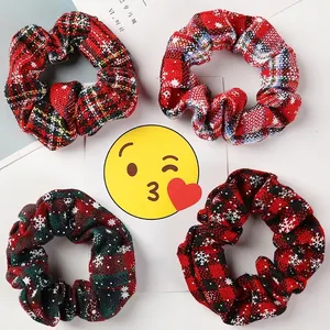Set of 4 Christmas scrunchies with red green plaid and snowflakes, 10cm diameter
