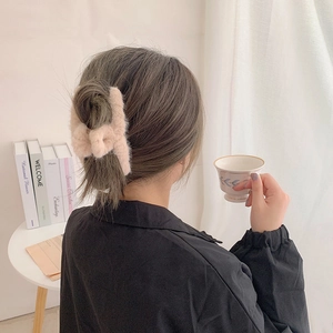 Plush faux fur hair claw clip in beige for women's autumn winter back hair styling