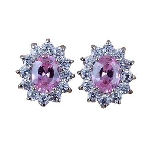 Luxurious AAA zircon floral earrings with oval pink main stone and silver metal finish