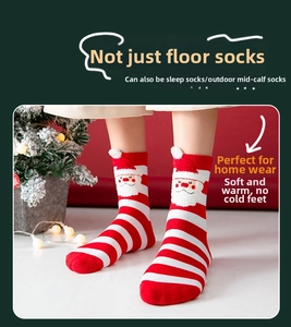 Close-up of festive red and white striped socks with 3D Santa Claus and plush pom-poms