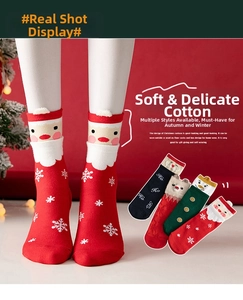 Detailed close-up of festive Christmas socks with 3D cartoon motifs and soft plush pom-poms